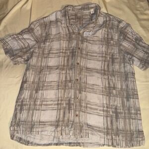Caribbean Pure Silk Mens XL Short Sleeve Button Down Shirt Abstract Plaid Beige